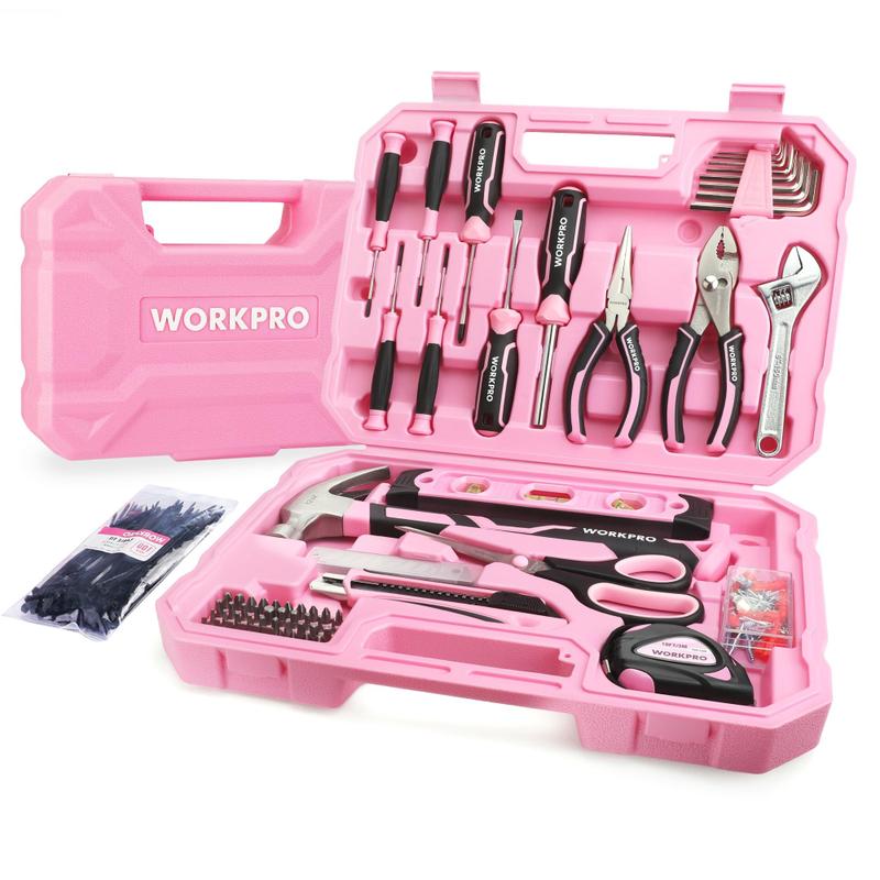 Kit de ferramentas WORKPRO Pink 258 unidades com martelo rosa e